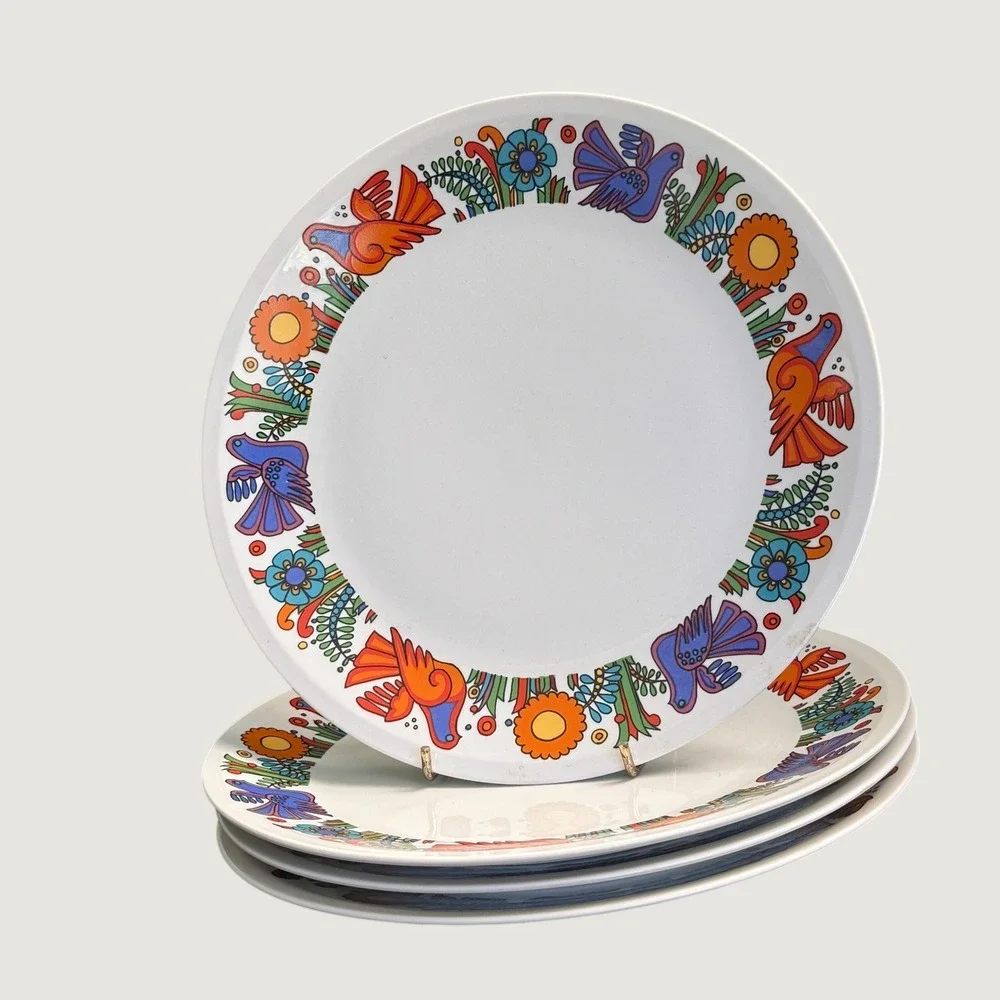 Four Villeroy & Boch Acapulco Dinner Plates MCM Bird Floral Mexican Folk Art